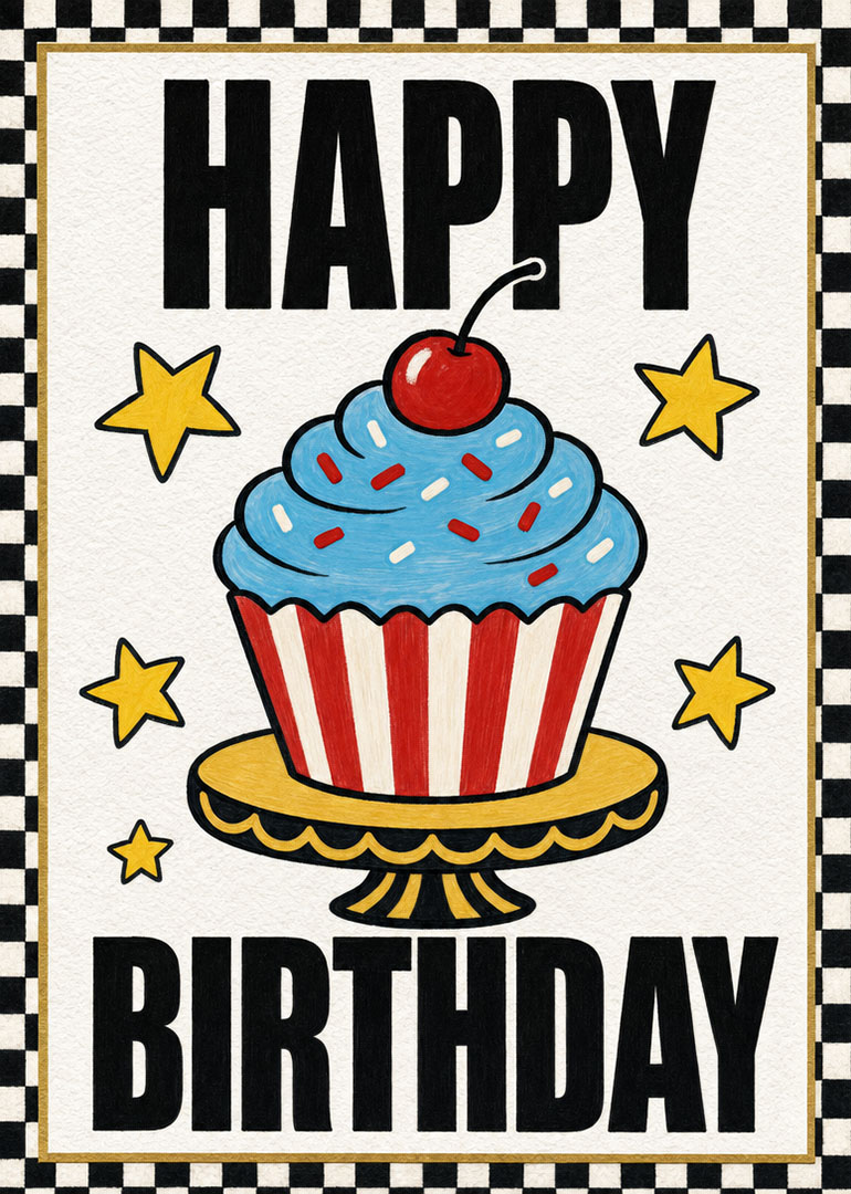 Bright birthday card with cupcake, cherry, stars and checkered border