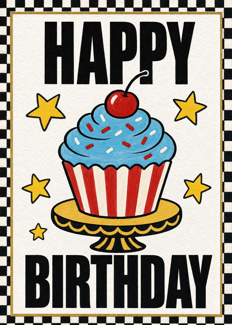 Bold Happy Birthday card with blue cupcake, cherry, stars, and black checkered border retro style.