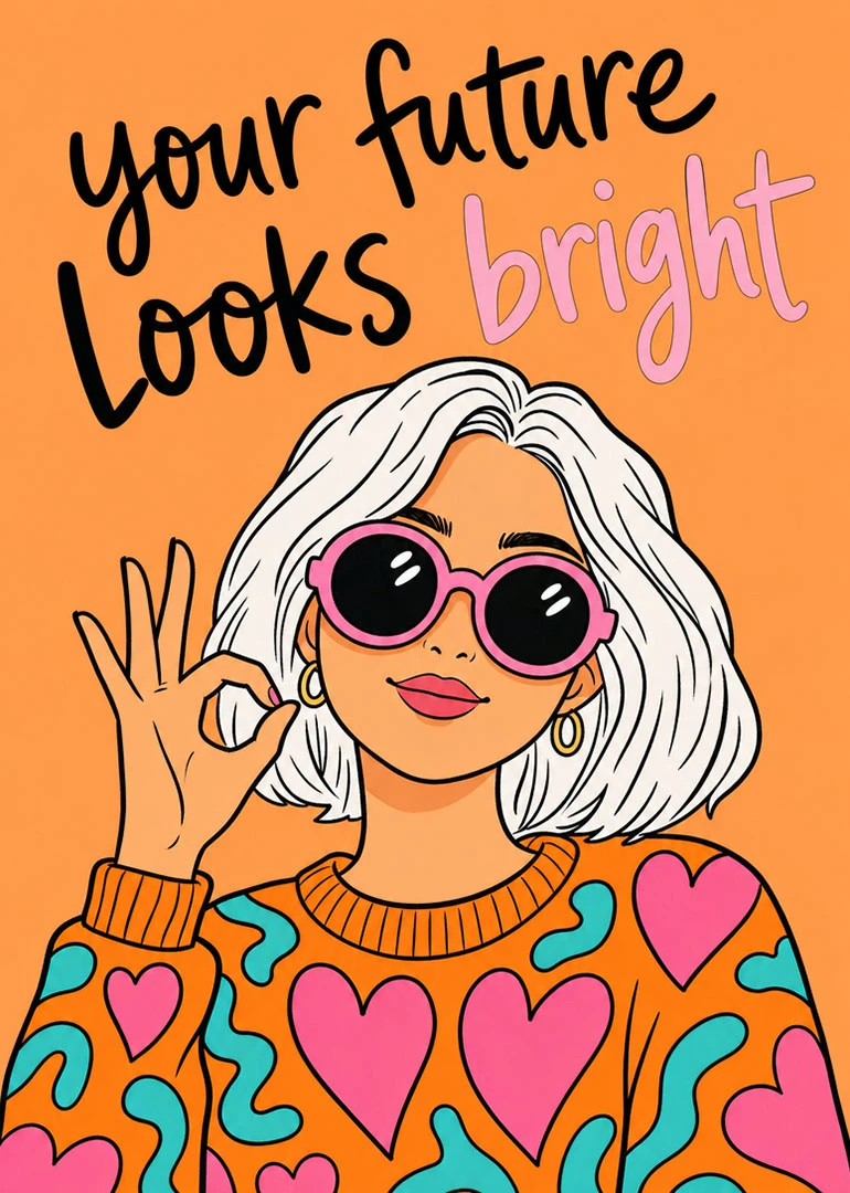 Woman with white hair and sunglasses making OK sign beneath your future looks bright text.