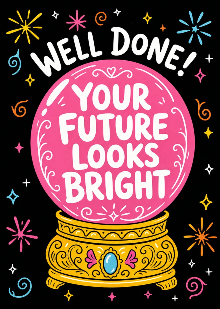 Pink crystal ball card with stars and the message Well Done, Your Future Looks Bright.