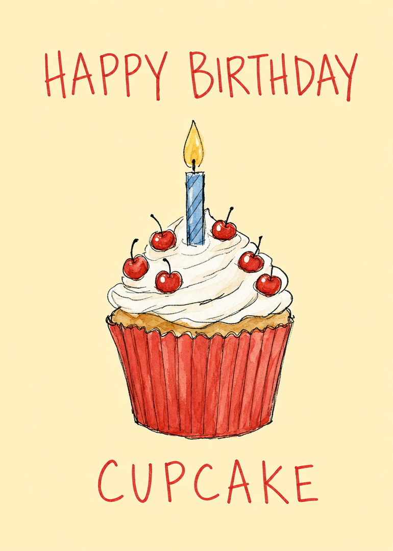 Hand-drawn cupcake with candle and cherries beneath Happy Birthday text on a cream background card.