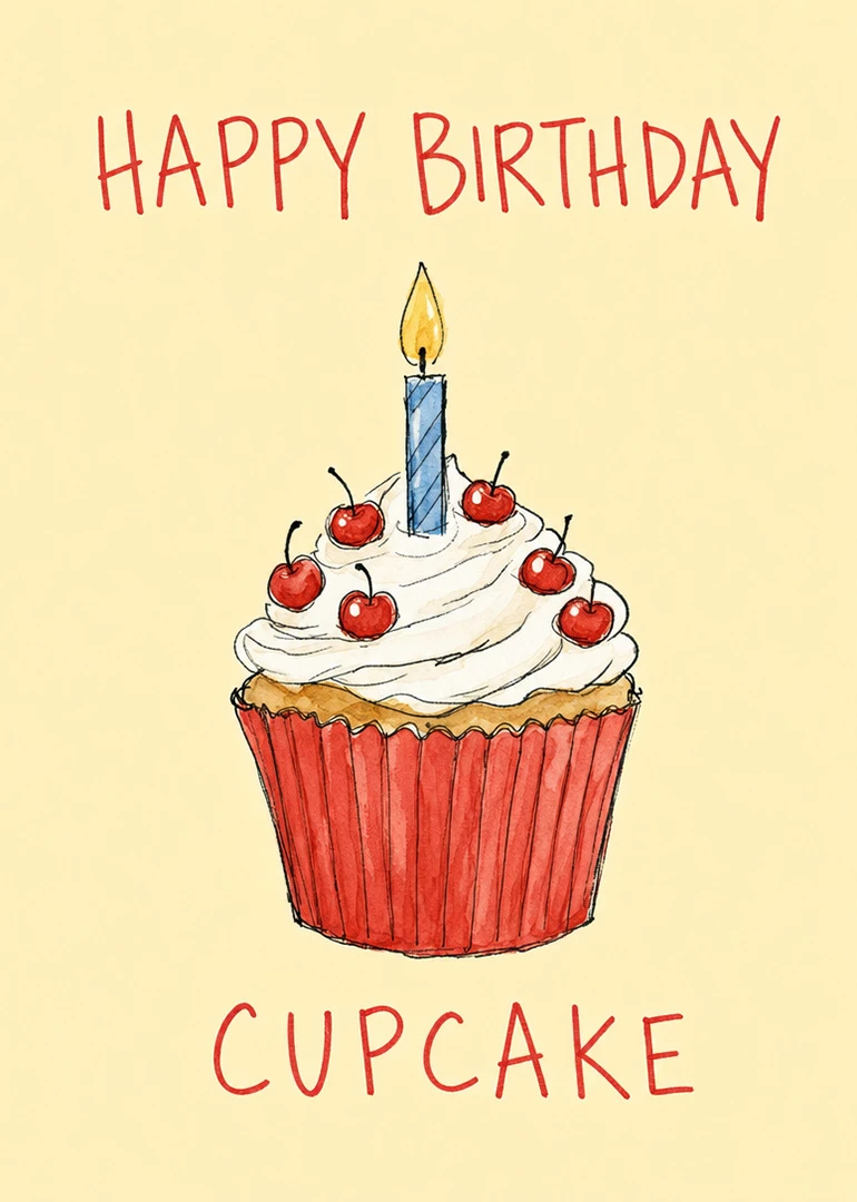 Hand-drawn cupcake with candle and cherries beneath Happy Birthday text on a cream background card.