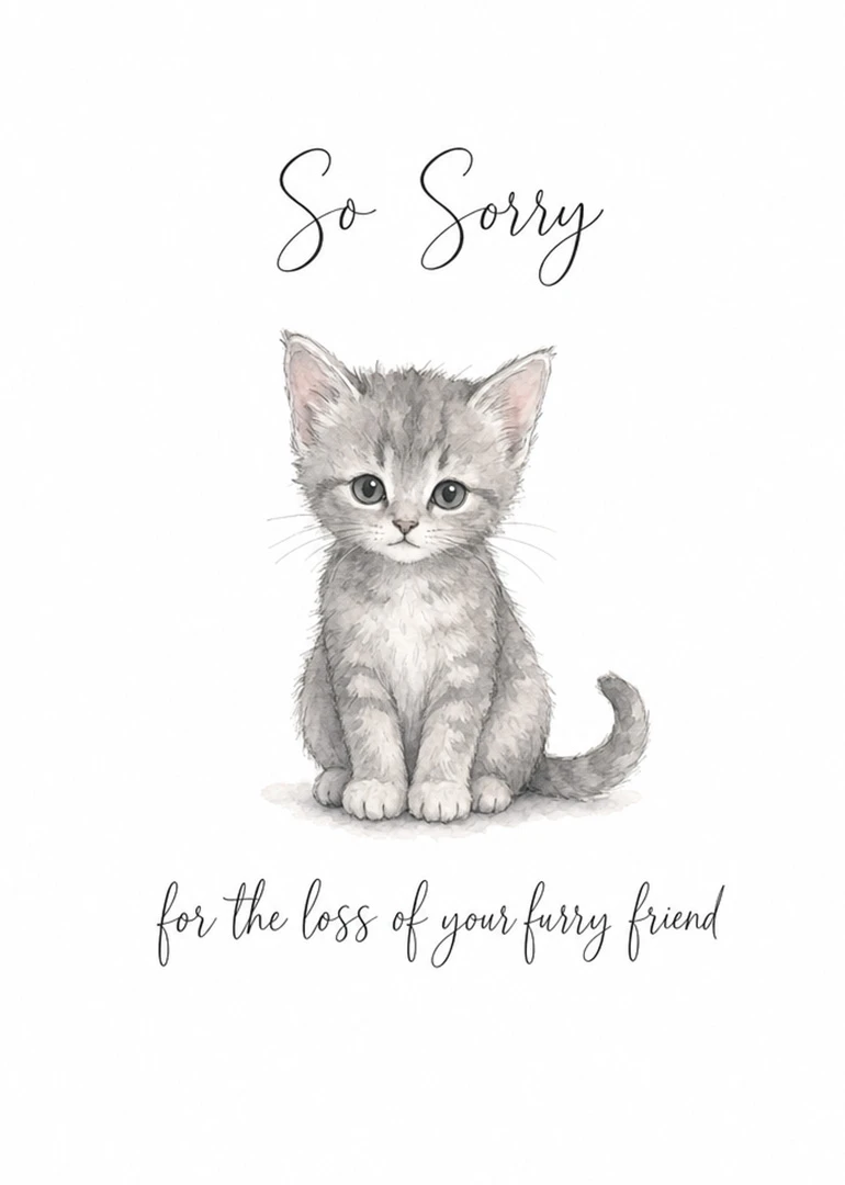 Watercolour kitten beneath So Sorry text for the loss of your furry friend sympathy card.