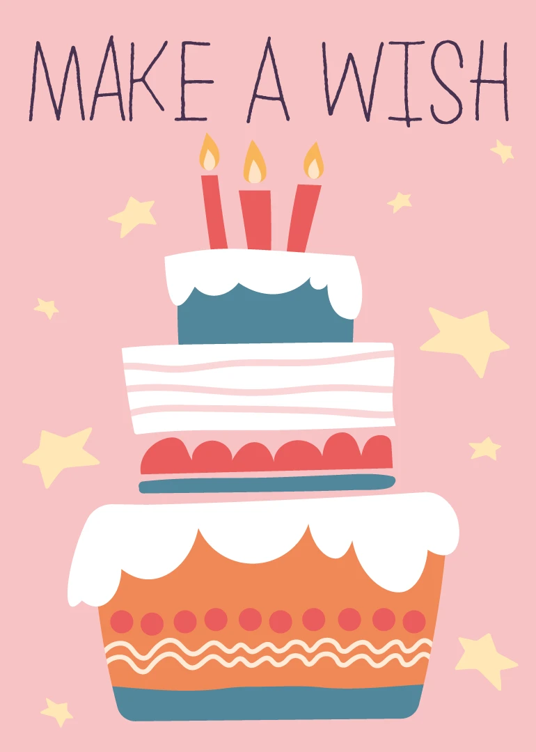 Pink birthday card with stacked cake, candles, stars, and Make a Wish text above design.