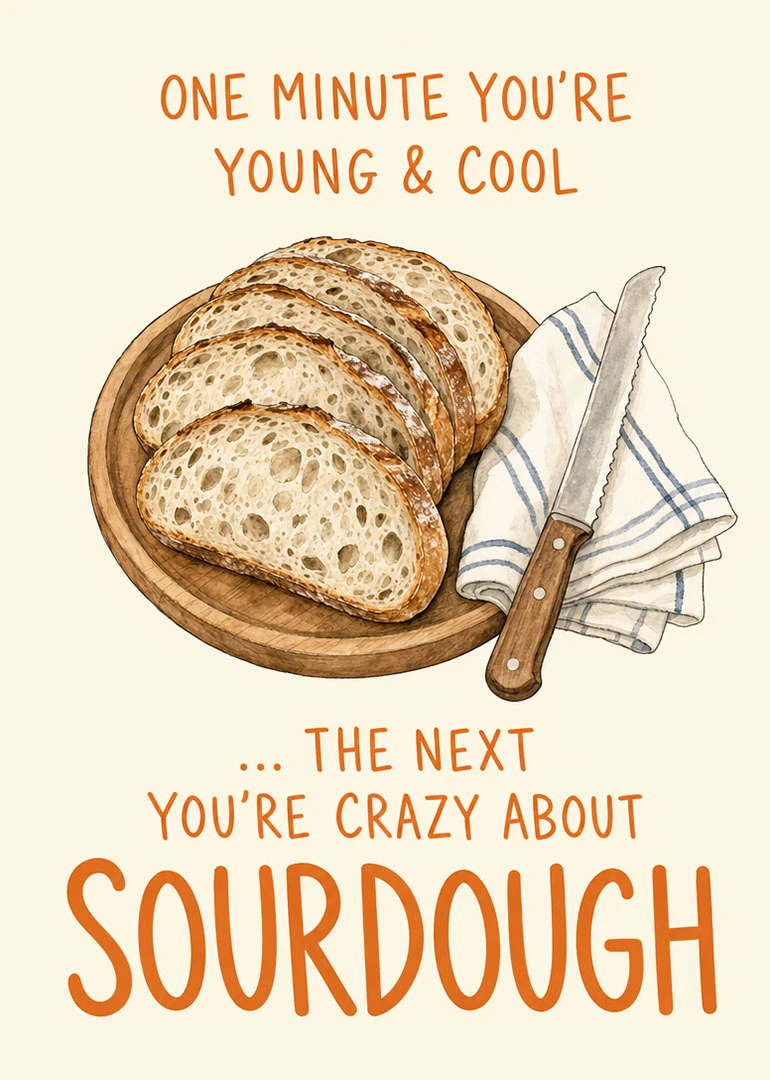Watercolour sliced sourdough loaf on wooden board with knife and orange text about loving bread.