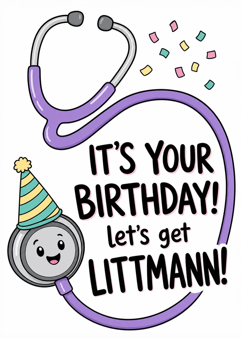 Purple stethoscope, confetti, and smiling med icon with It’s your birthday text and Littmann pun.
