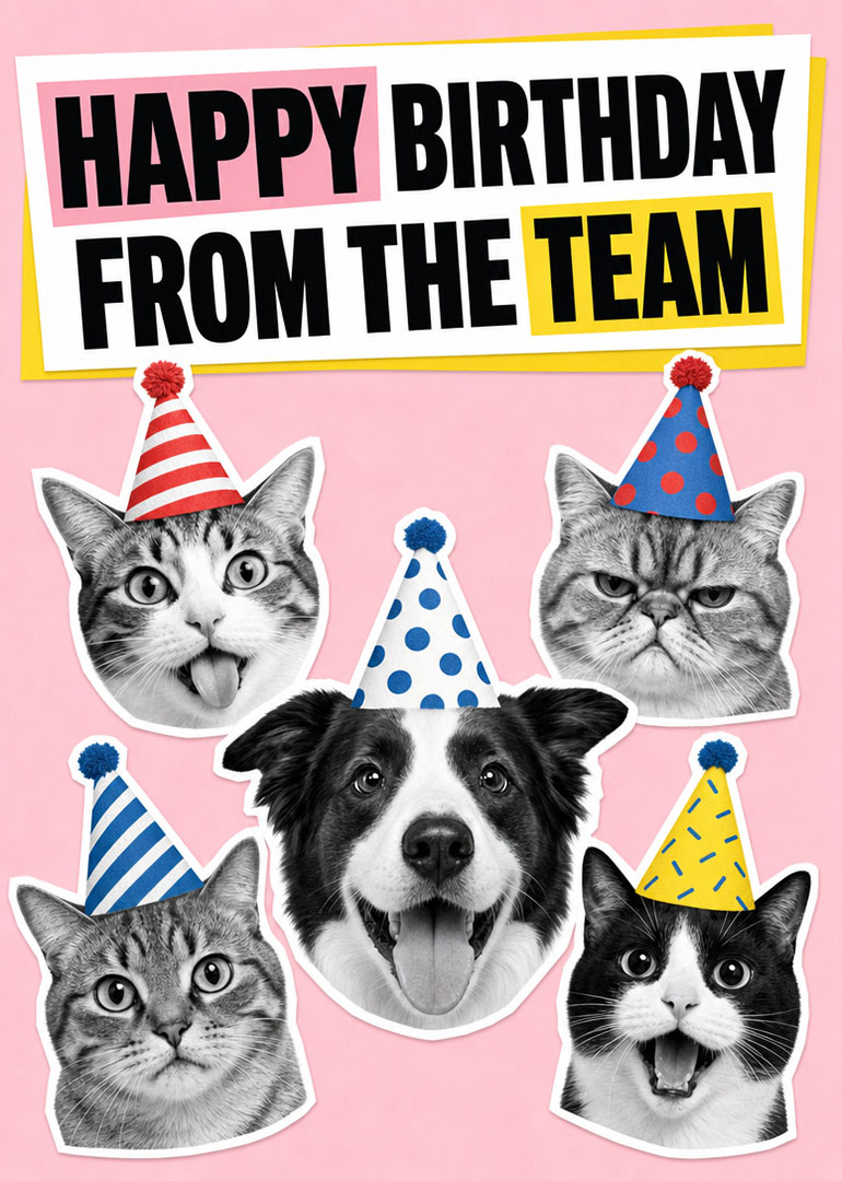Black and white cats and a dog wear party hats on a pink birthday card.