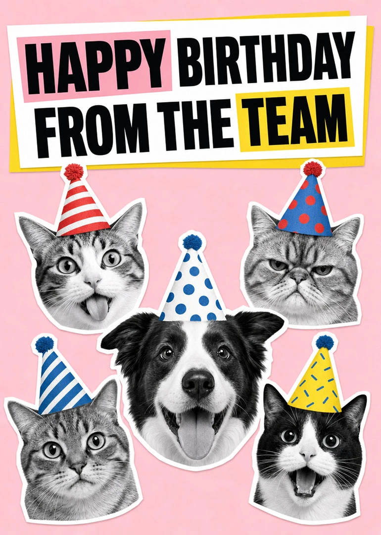 Black and white cats and a dog wear party hats on a pink birthday card.