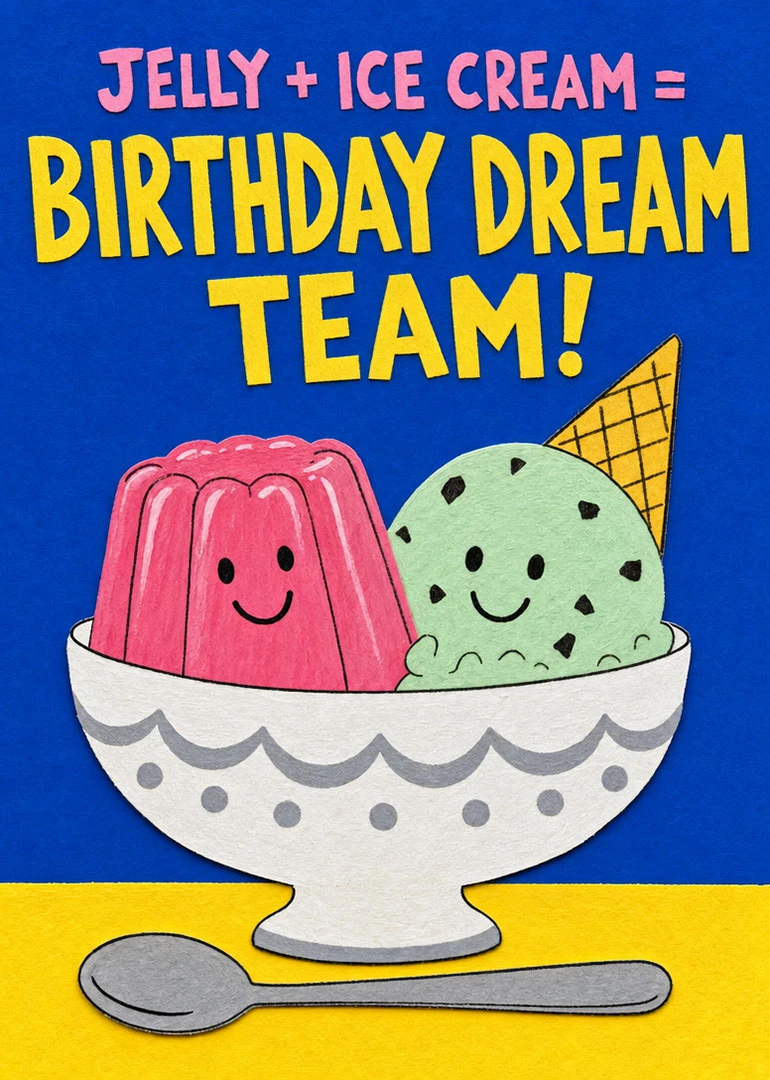Smiling jelly and ice cream in a bowl with birthday dream team text on blue