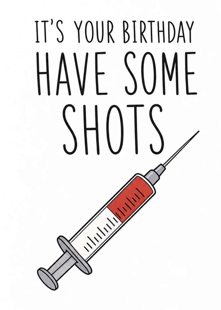 Birthday card with text Have Some Shots and a syringe illustration on a white background.