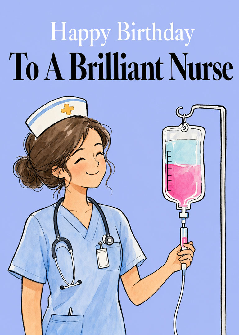 Smiling nurse in blue scrubs beside an IV drip with birthday message for brilliant nurse.