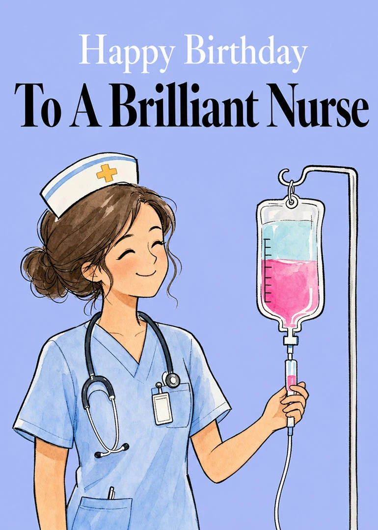 Smiling nurse in blue scrubs beside an IV drip with birthday message for brilliant nurse.