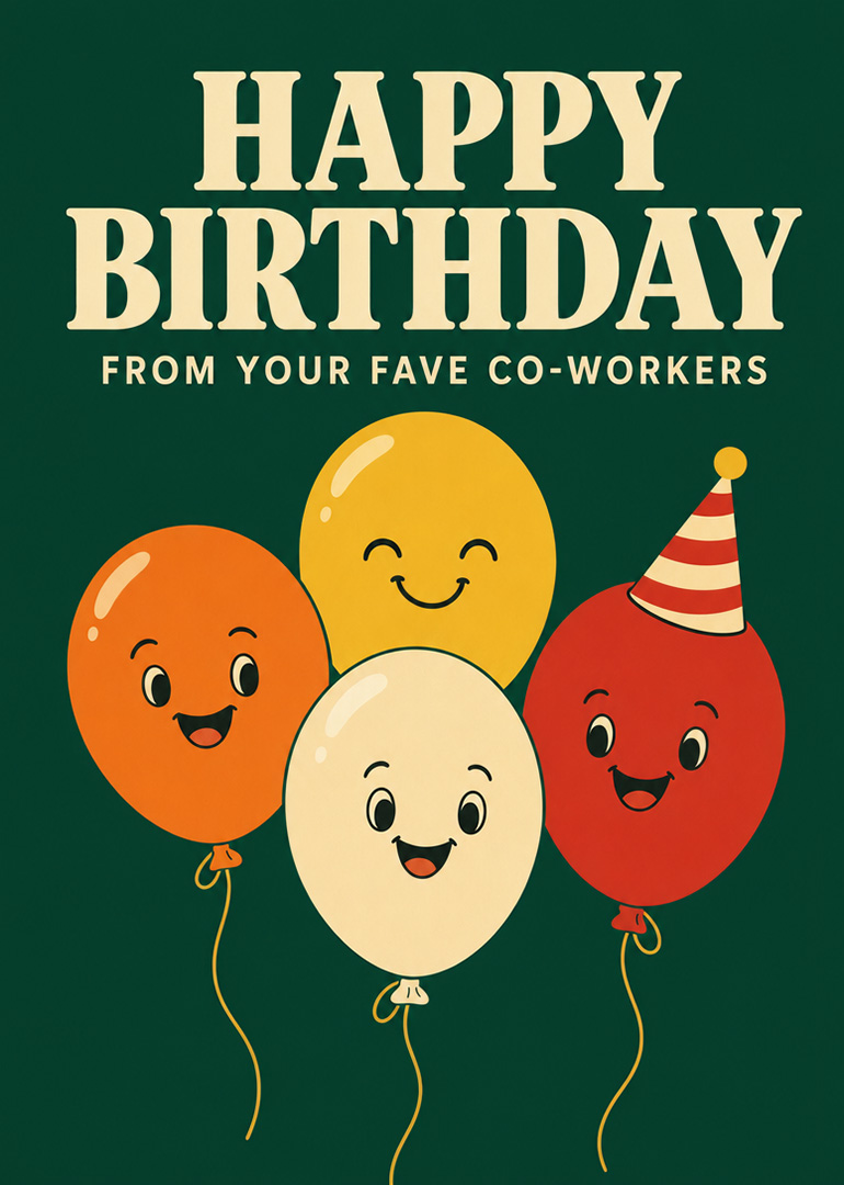 Cheerful birthday card with smiling balloons and party hat, reading Happy Birthday from your co-workers.