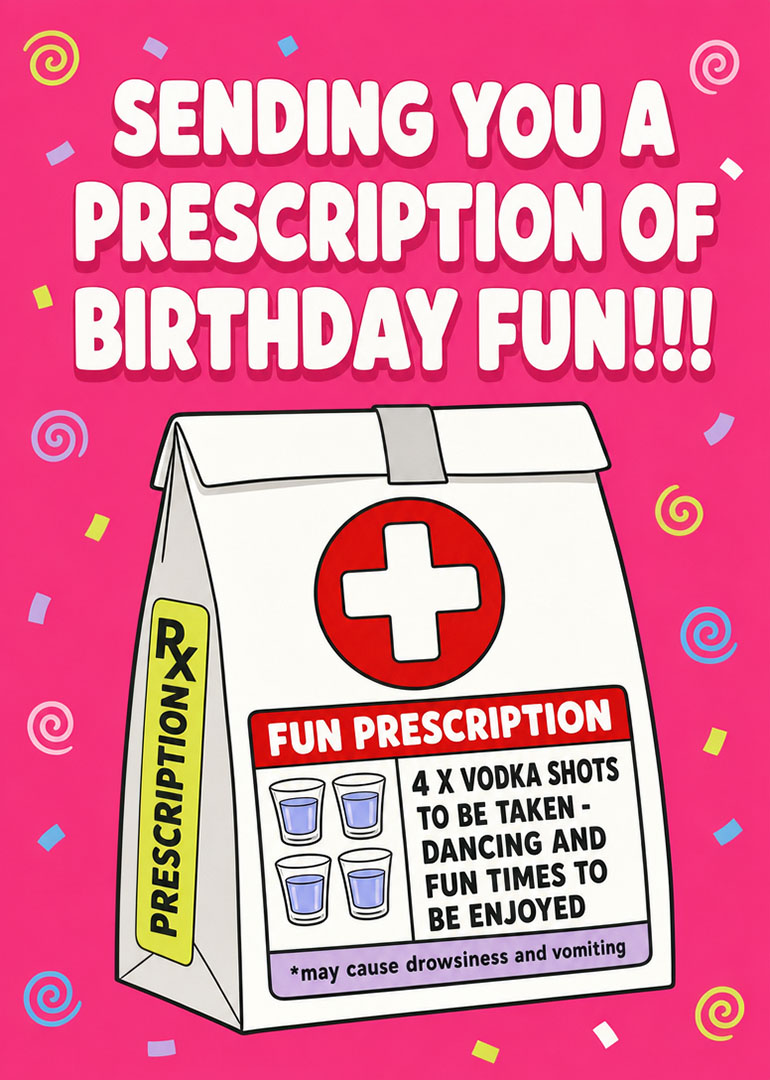 Pink birthday card with prescription bag, vodka shots, confetti, and humorous text on bright background.