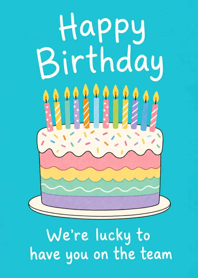 Colourful birthday cake with candles and Happy Birthday text on bright turquoise background for colleagues.