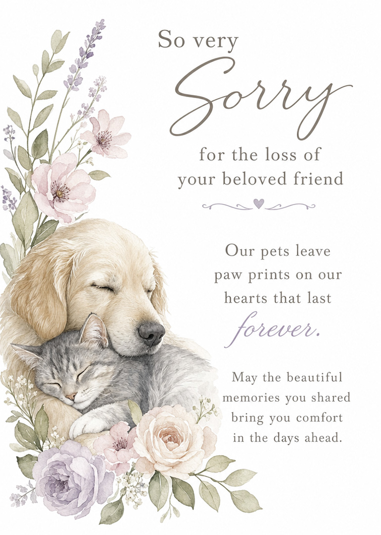 Watercolour dog and cat cuddling among pastel flowers with heartfelt sympathy wording.