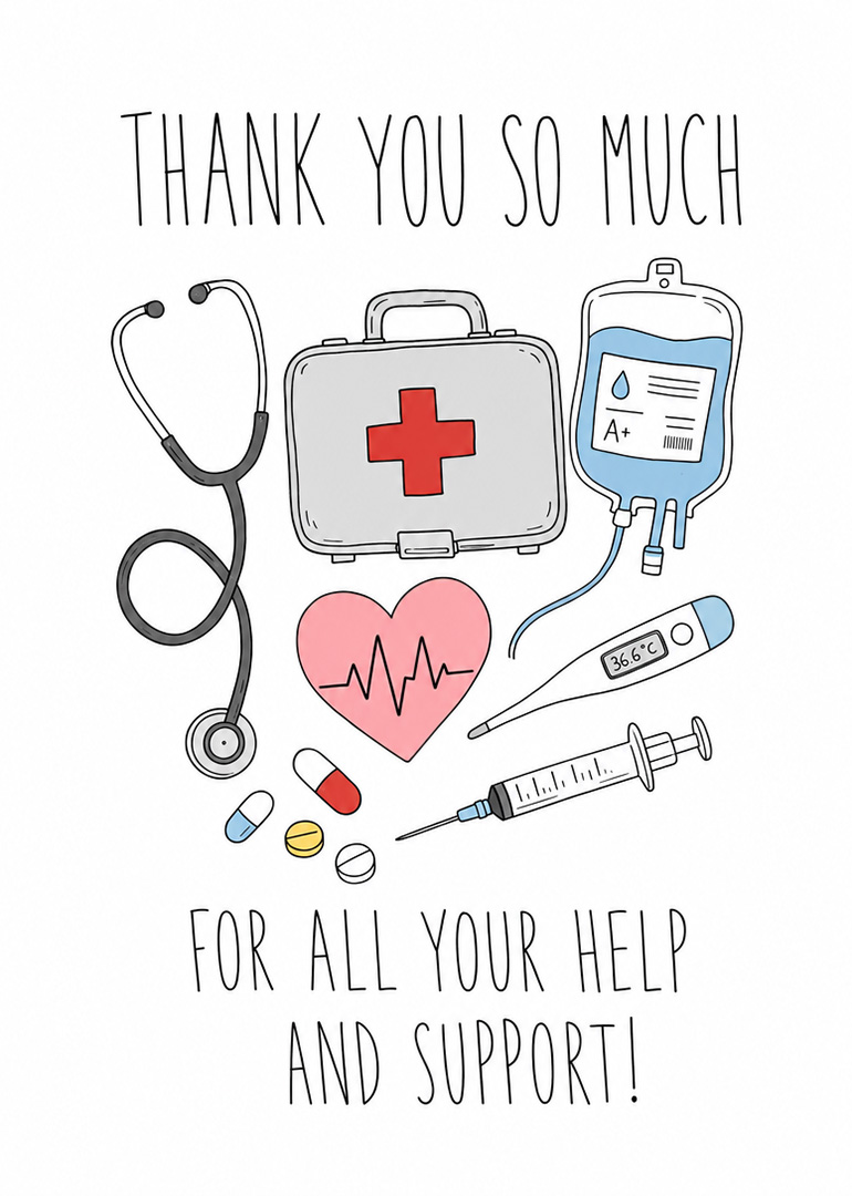Minimal thank you card with medical icons, stethoscope, syringe, thermometer, heart and supportive message inside.