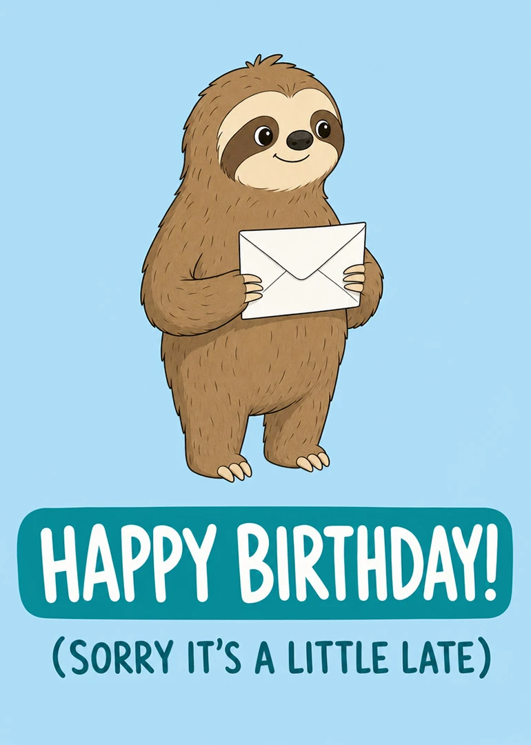 Smiling sloth holds an envelope above a happy birthday message with late apology text below.