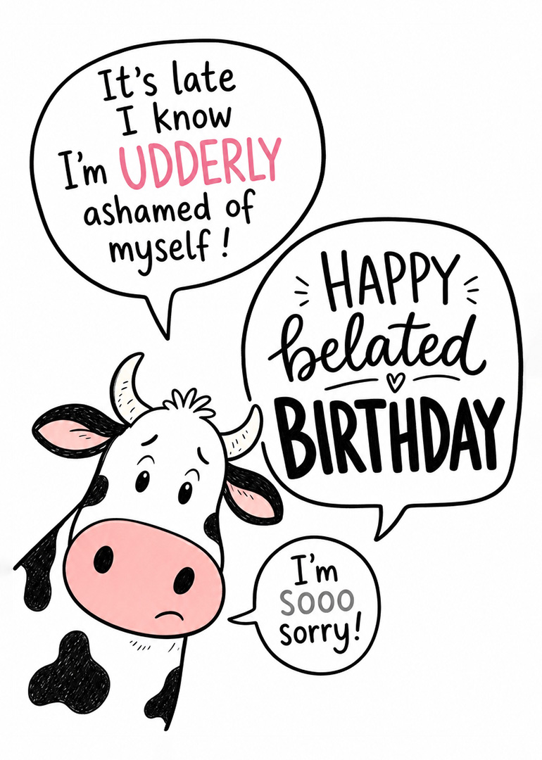 A sad cartoon cow with bubbles apologising for a belated birthday and udderly funny mistake