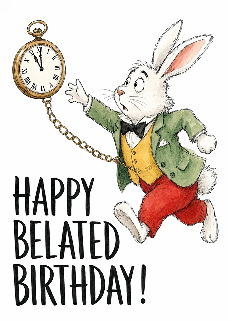 Rabbit in green jacket reaches for a pocket watch beside belated birthday text.