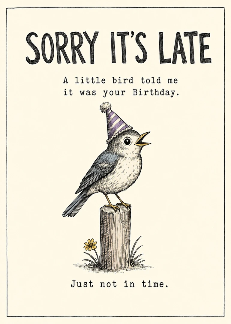 A sketch-style bird in a party hat apologises for being late with birthday wishes today.