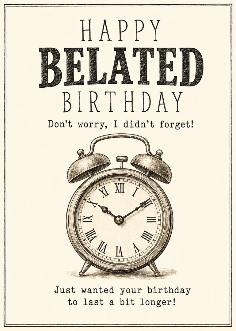 Vintage alarm clock illustration with belated birthday text and a playful apology about being late.