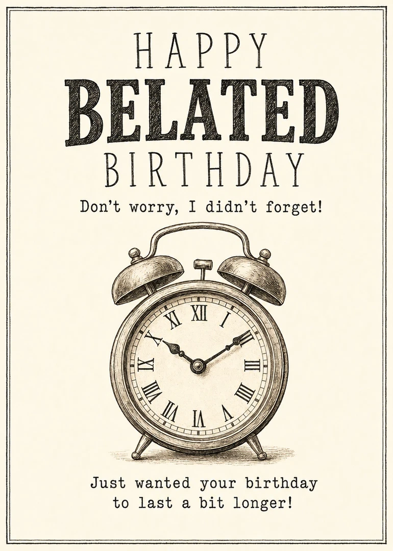 Vintage alarm clock illustration with belated birthday text and a playful apology about being late.
