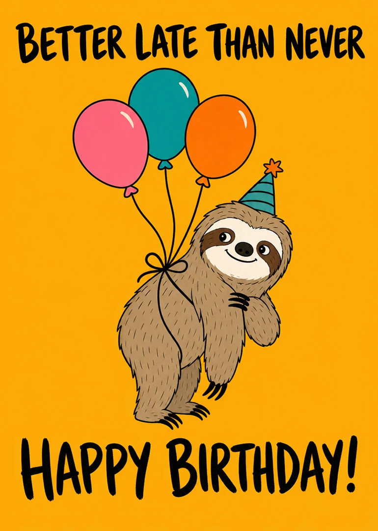 Cute sloth wearing a party hat holds balloons beneath better late than never birthday text.