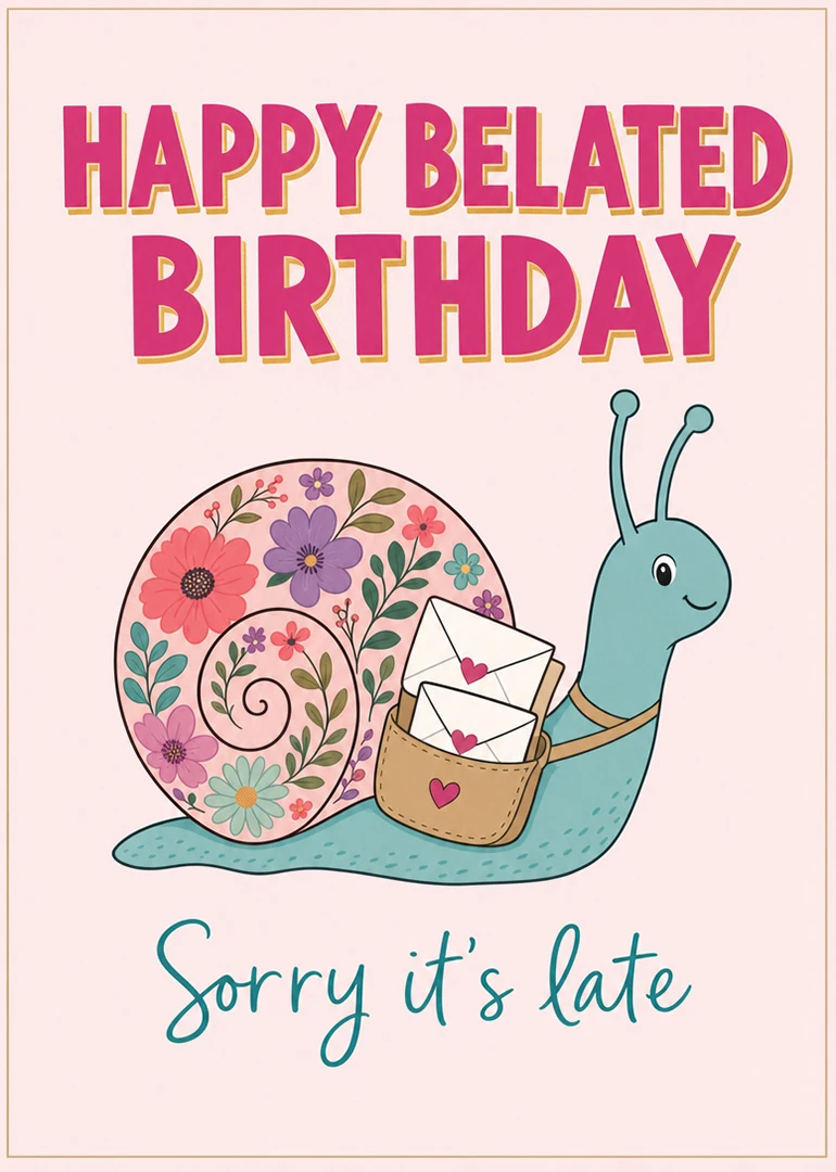Cute snail with floral shell carries letters and says Happy Belated Birthday, Sorry it's late.
