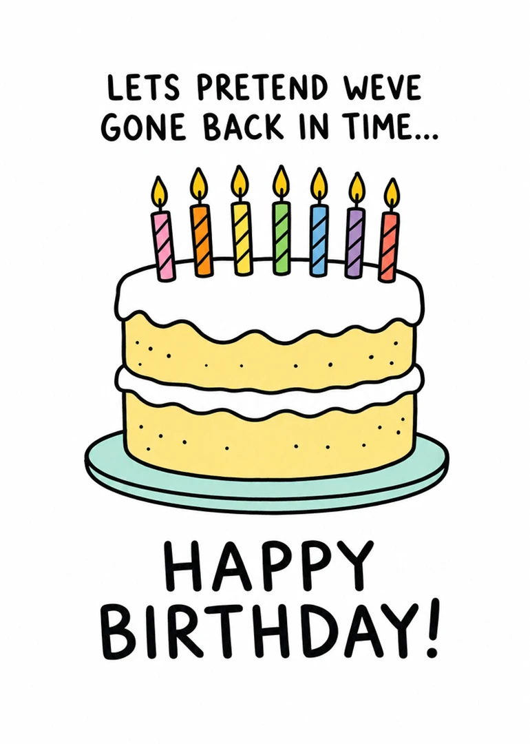 Hand-drawn birthday cake with candles and bold happy birthday text.