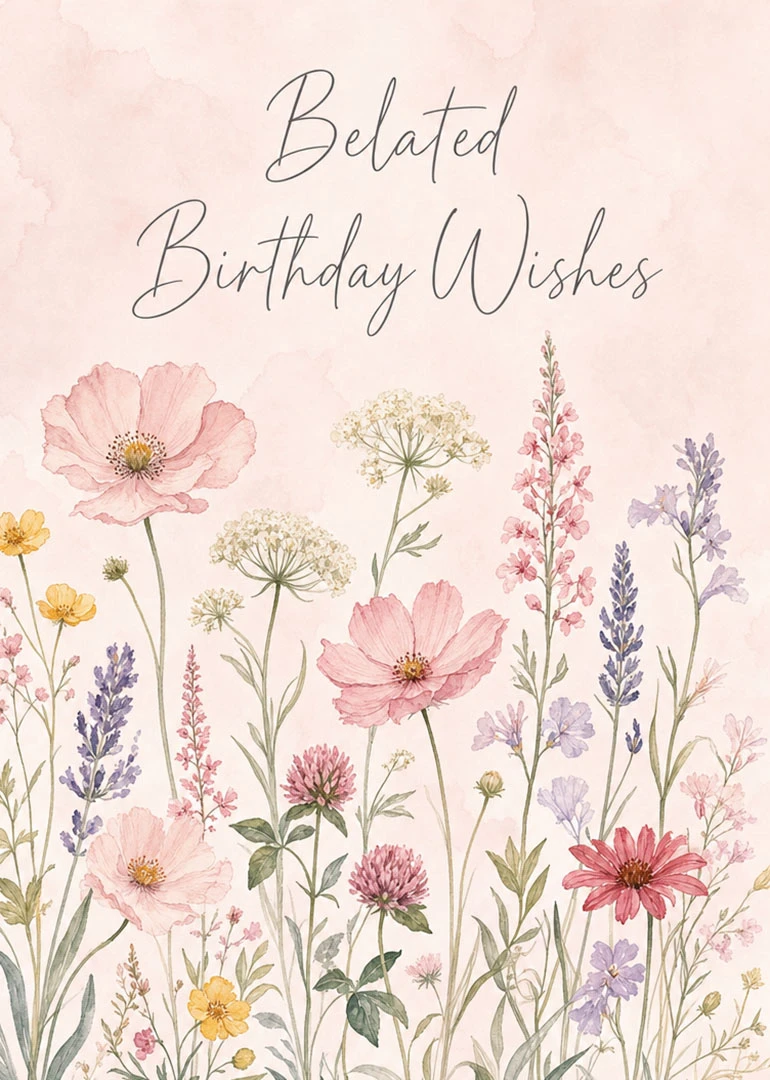 Pastel watercolor wildflowers frame belated birthday wishes in elegant cursive on a soft pink background.
