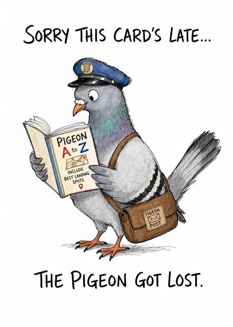 A pigeon postman reads a map book while the card jokes the pigeon got lost.