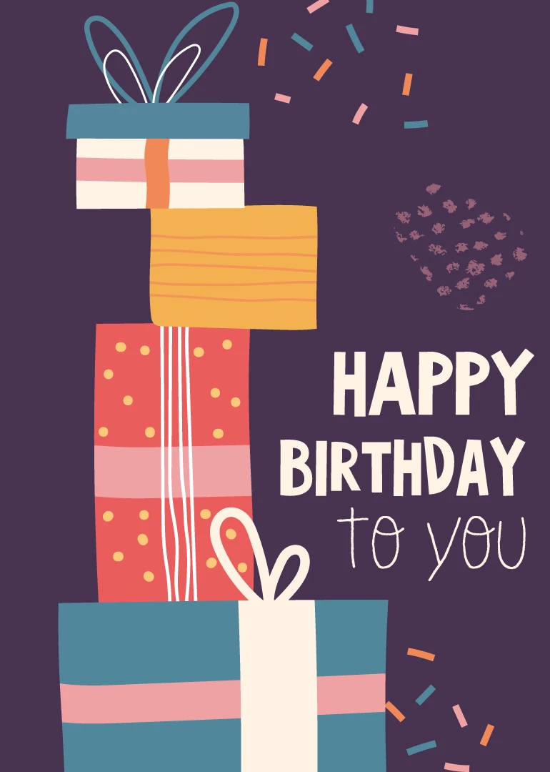 Stacked wrapped presents on a purple background with Happy Birthday to You text and confetti.