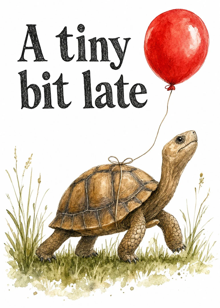 Watercolour tortoise pulling a red balloon beneath the words A tiny bit late on white.