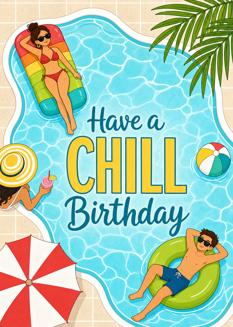 Bright poolside birthday card with sunbathers, umbrella, and bold Have a Chill Birthday text fun.