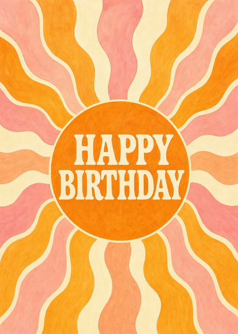 Retro orange and pink sunburst card with Happy Birthday text in the centre.