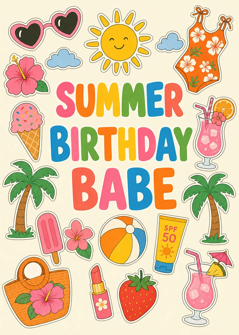 Colourful summer birthday card with sun, palms, cocktails, flowers, and the words Summer Birthday Babe.