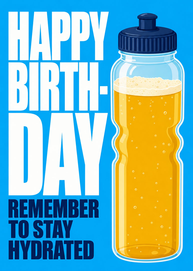 Bold blue birthday card with beer bottle and playful hydration reminder typography.