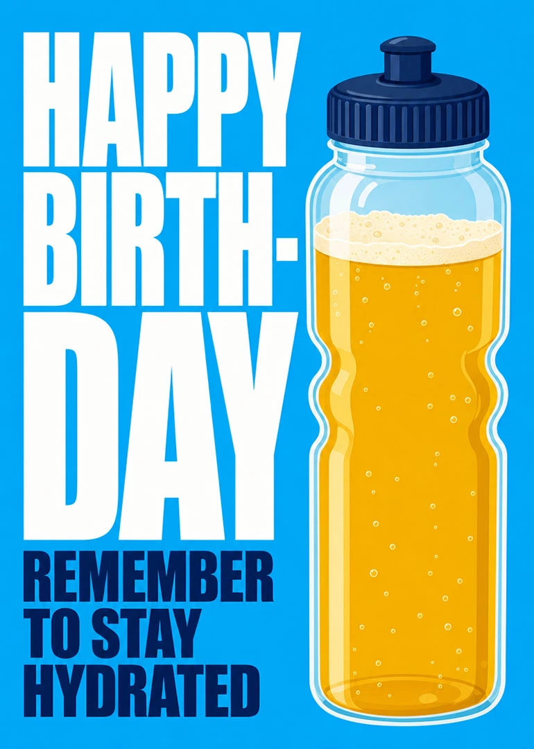 Bold blue birthday card with beer bottle and playful hydration reminder typography.