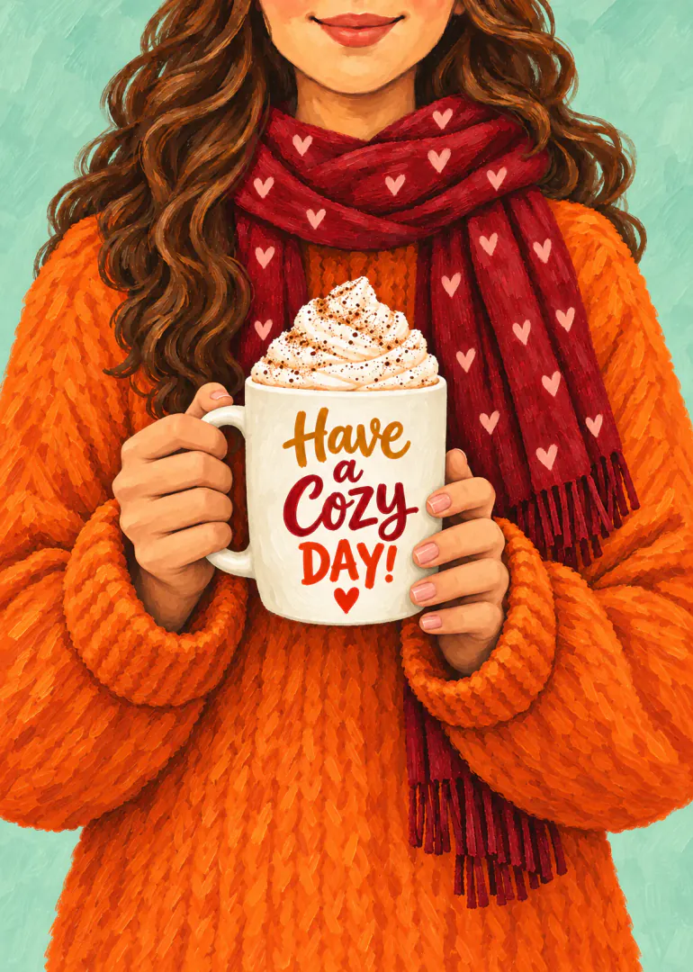 Painted illustration of a woman in an orange jumper holding a whipped cream-topped mug reading “Have a Cozy Day!”.