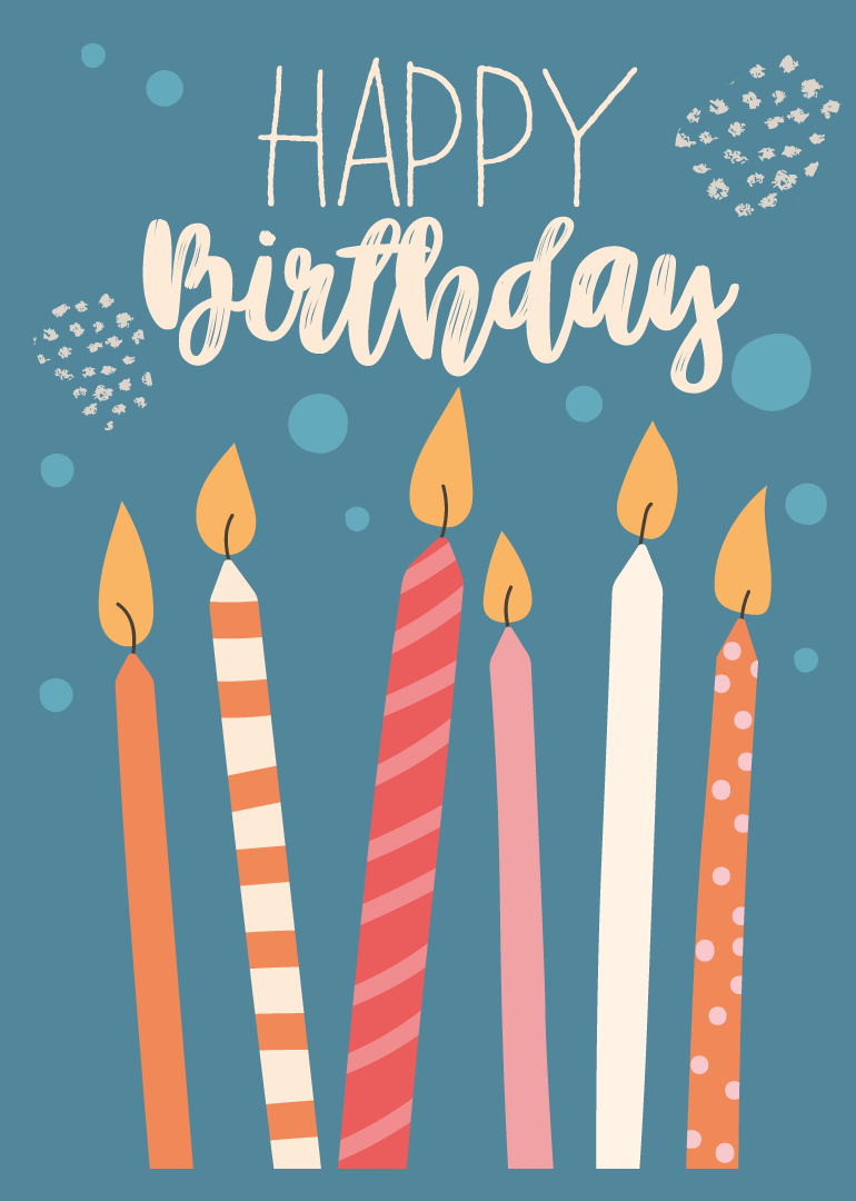 Birthday card with six colorful candles and happy birthday text on blue background