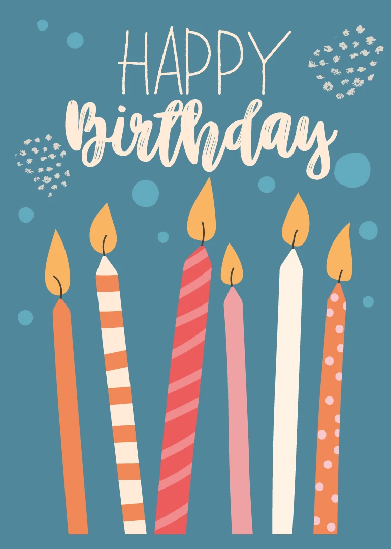 Colourful birthday candles stand below Happy Birthday text on a teal background with confetti dots.