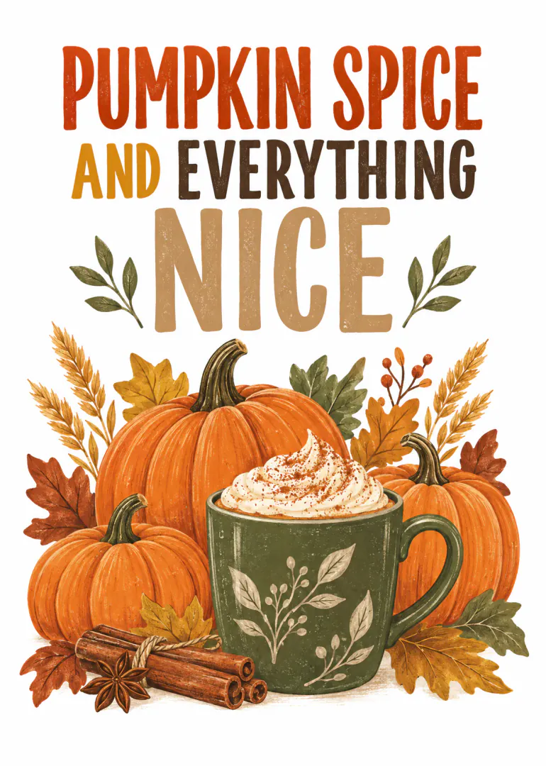 Autumn card with pumpkins, a whipped cream-topped spiced drink, leaves and the words “PUMPKIN SPICE AND EVERYTHING NICE”.