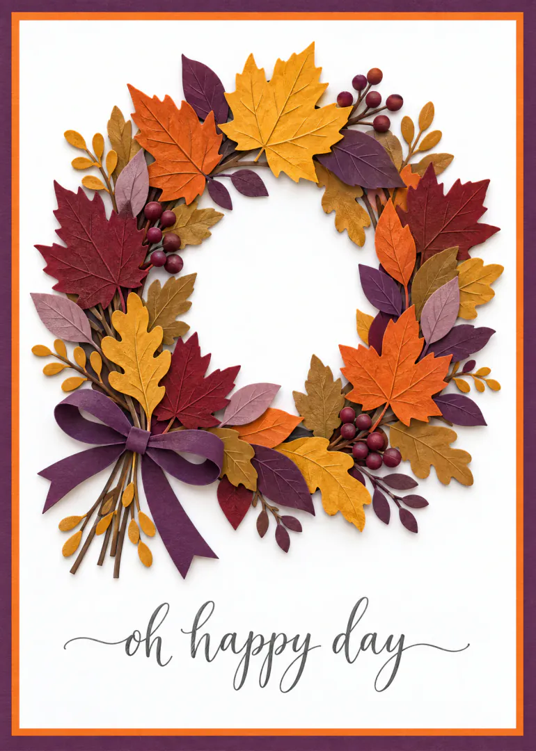 A colourful autumn leaf wreath with berries and a purple bow, above the words “oh happy day”.