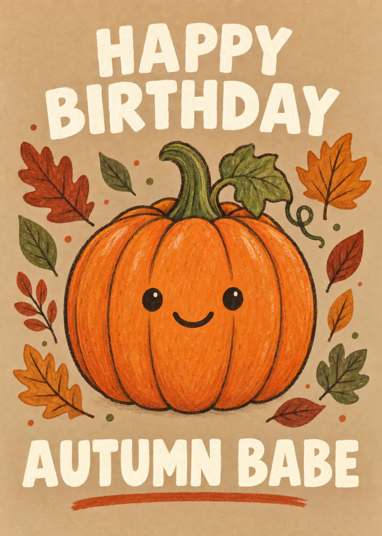 A smiling orange pumpkin surrounded by autumn leaves, with Happy Birthday Autumn Babe lettering.