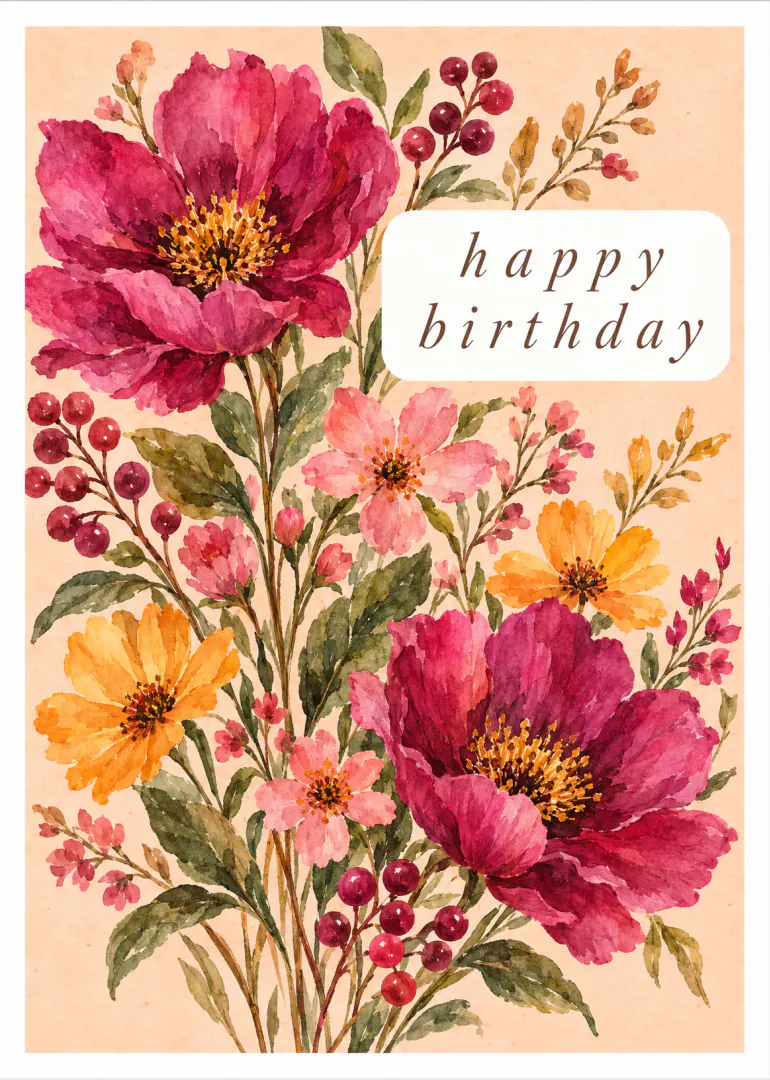 Watercolour birthday card with large burgundy, pink and orange flowers surrounding a happy birthday message.