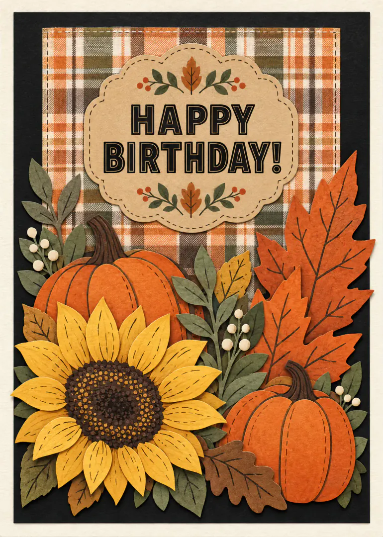 Autumn birthday card with pumpkins, a sunflower, colourful leaves and the wording “HAPPY BIRTHDAY!”