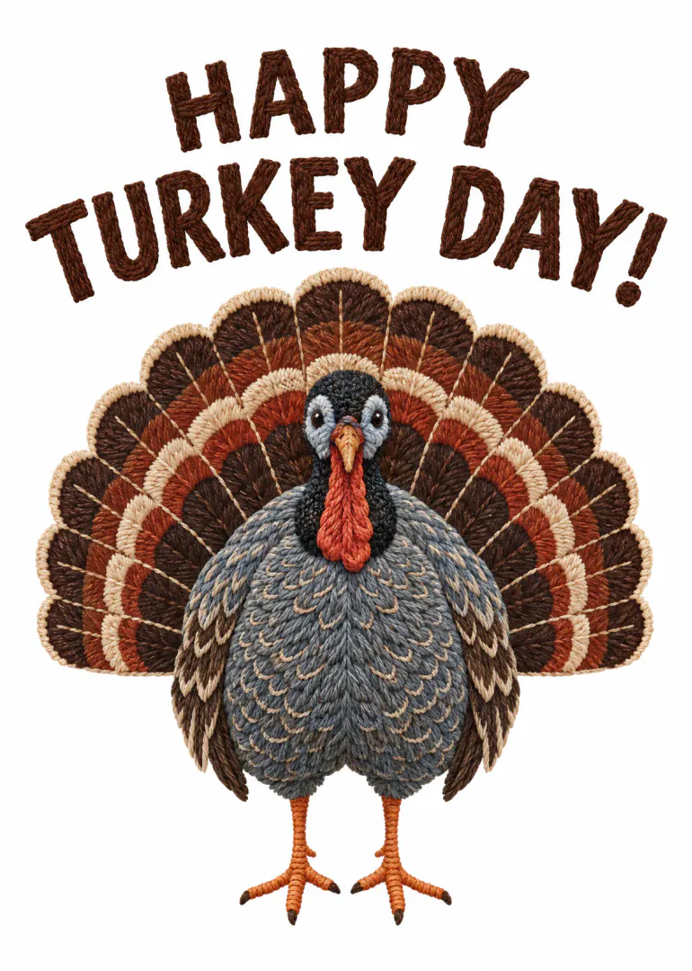 Embroidered-style turkey with fanned brown and rust feathers beneath Happy Turkey Day lettering.