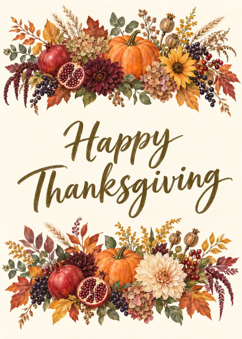 Cream Thanksgiving card with pumpkins, pomegranates, autumn flowers and Happy Thanksgiving lettering.