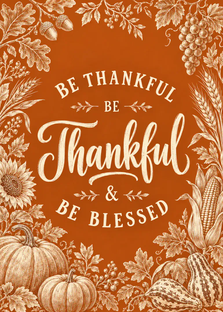 Rust-orange Thanksgiving card with cream botanical illustrations, harvest vegetables and the words “Be Thankful Be Thankful & Be Blessed”.
